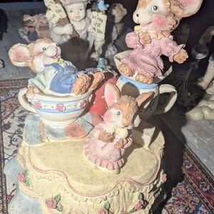 Whimsical Mouse Figurine Set - Pink, Blue, Cream